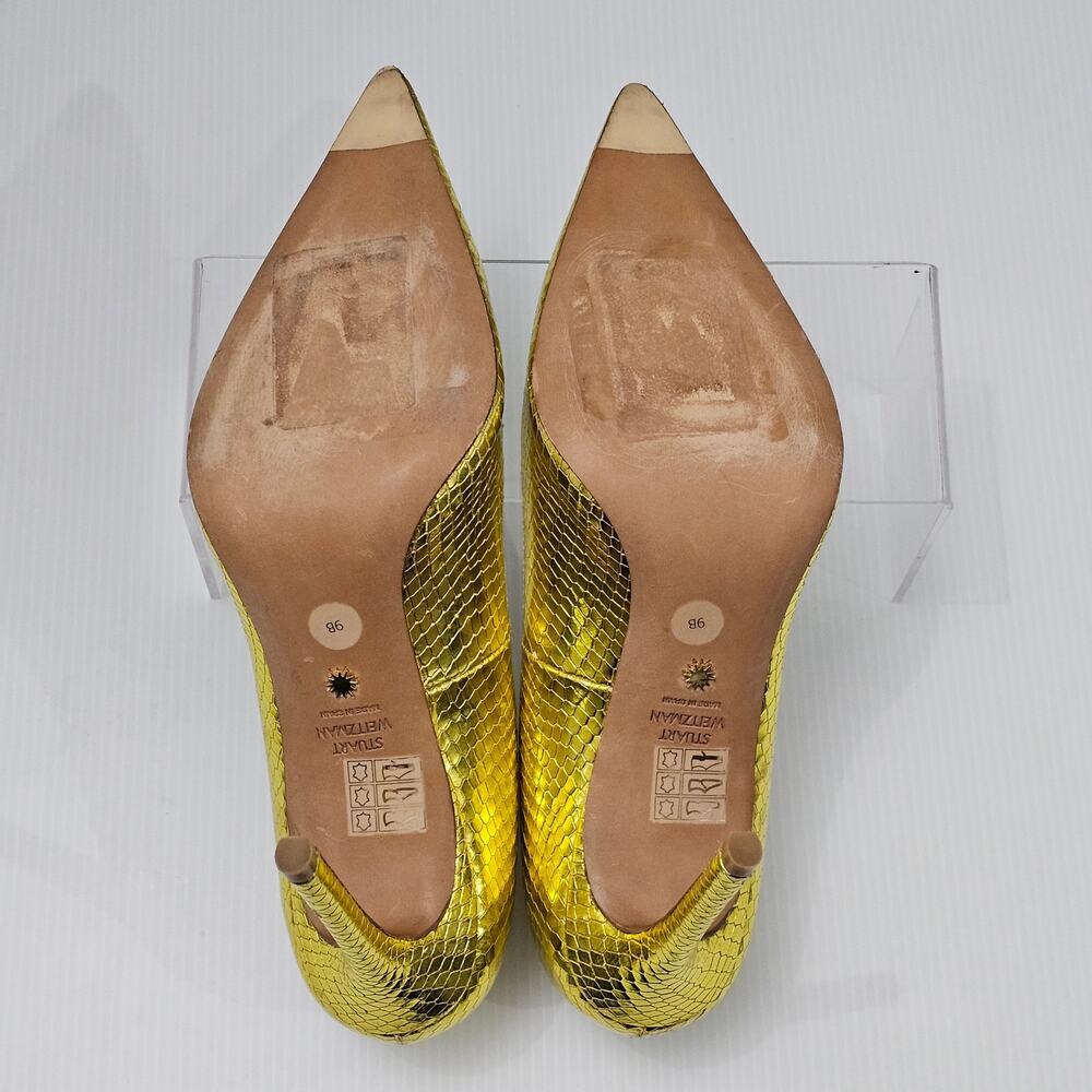 Stuart Weitzman Metallic Yellow Snakeskin Pointed-Toe Pumps - Picture 13 of 16